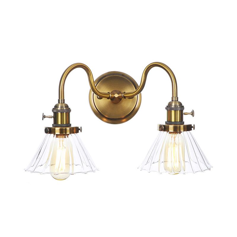 Metal Antiqued Brass Wall Lighting Conical/Spherical 2-Light Warehouse Wall Mounted Lamp with Straight/Curved Arm