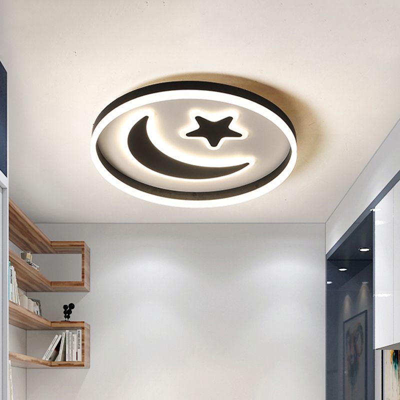 Kids Circular Flush Mount Lighting Acrylic Bedroom LED Ceiling Light with Moon-Star Pattern in Black/White/Pink