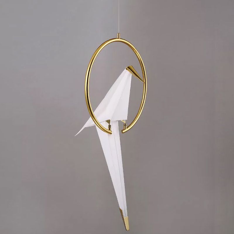 Nordic 1/2/3-Bulb Ceiling Light White-Gold Round Pendant Light Kit with Plastic Crane Shade