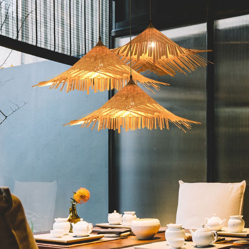 Hat Shape Suspension Pendant Light Bamboo Restaurant Pendant Ceiling Light in Beige