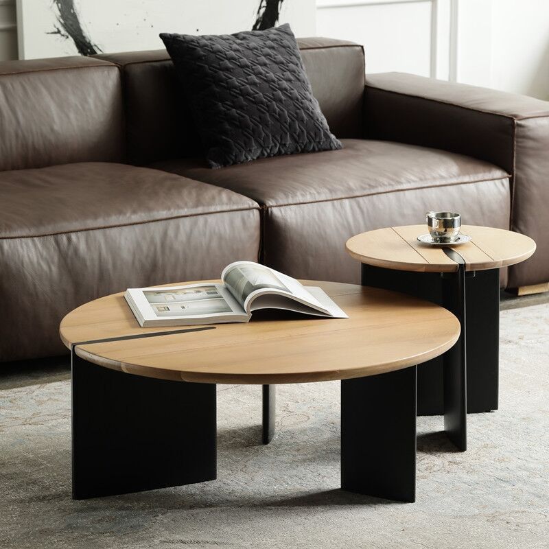 Scandinavian Pine Wood Cocktail Table with Round Top and Black Base