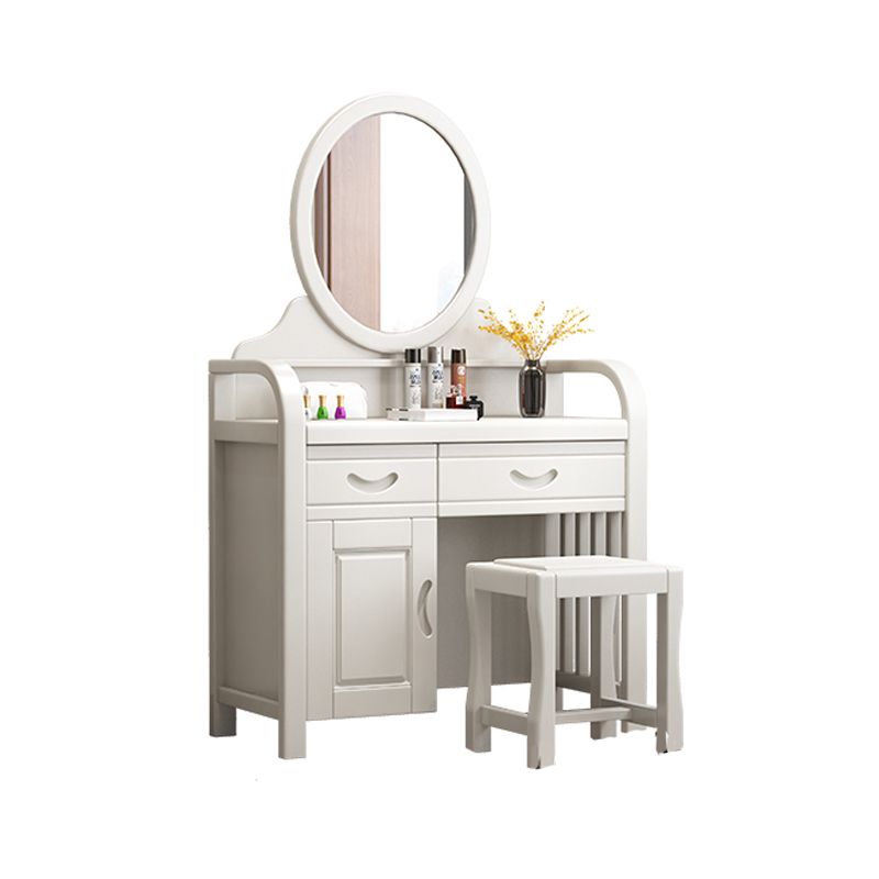 Traditional 2-Drawer Solid Wood Dressing Table with Mirror Makeup Vanity Stool