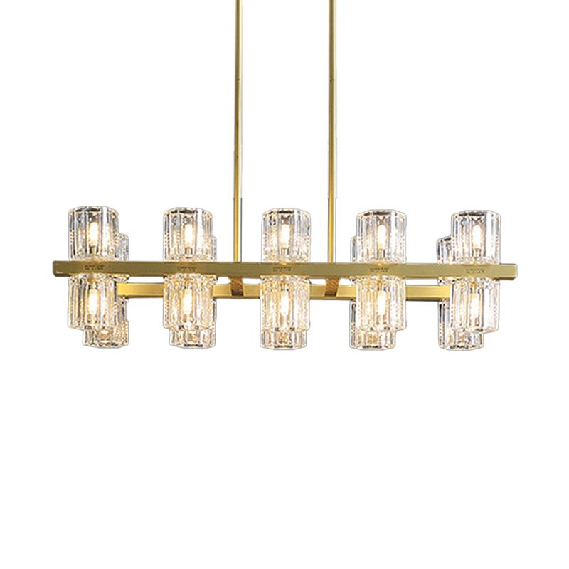Cylindrical Crystal Island Pendant Postmodern 10/20 Lights Dining Table Hanging Light Fixture in Gold