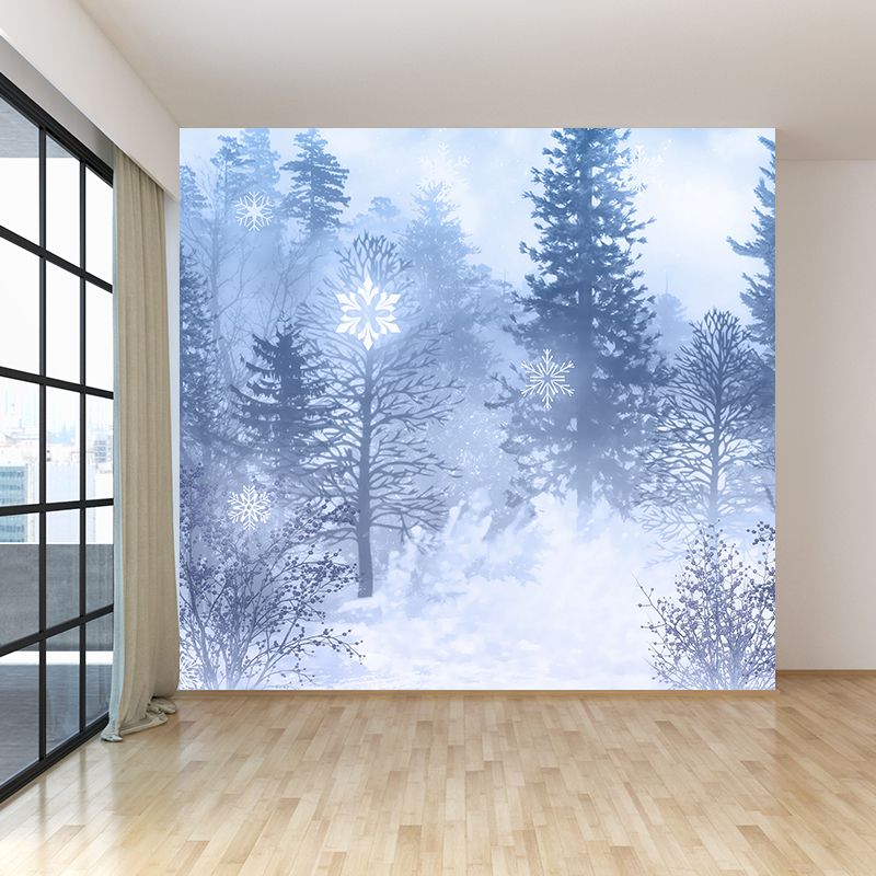 Mysterious Forest Scene Mural Wallpaper for Dining Room, Blue, Custom Size Available