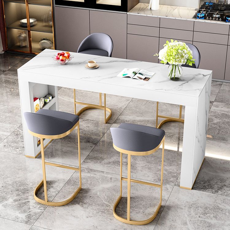 Glossy White Stone Bistro Table with Double Pedestal Contemporary Pub Table for Home