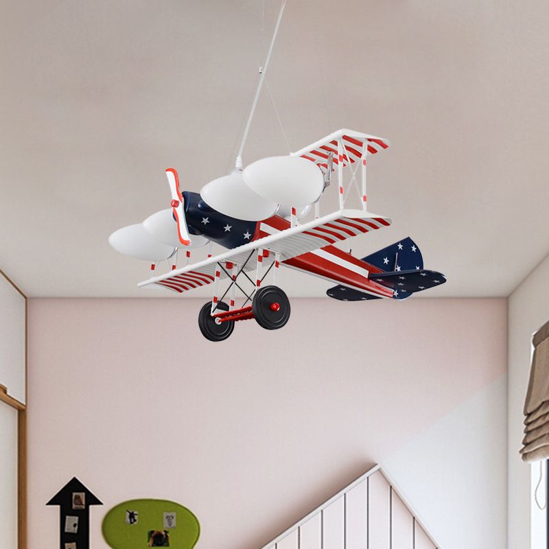 Red Striped Plane Pendant Chandelier Kids 5 Bulbs Metal Hanging Lamp Kit with Oval Opal Matte Glass Shade