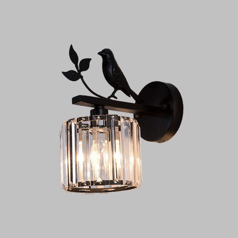 Black/Gold 1 Bulb Sconce Lamp Minimalism K9 Crystal Cylindrical Wall Lighting with Bird Decoration