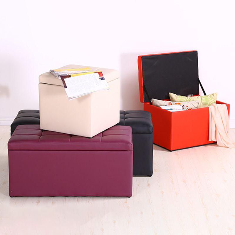 Modern Pouf Ottoman PU Leather Upholstered Tufted Square Ottoman with Storage