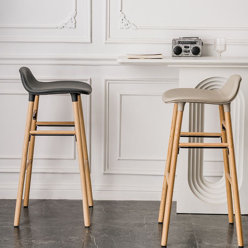 Faux Leather Counter Stool Modern Style Low Back Barstool with Solid Wood Legs