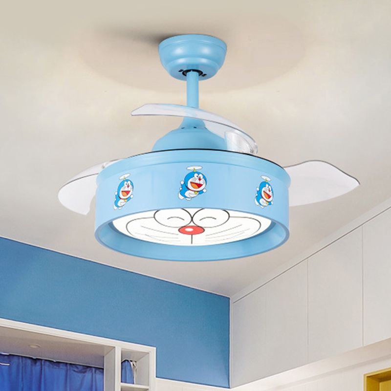 Ventilador de techo de dormitorio LED de 36 "W Luce Niños Pink/Blue 3 Lámpara de semi Flush Lámpara con tono de metal de tambor Patrón de gato de dibujos animados