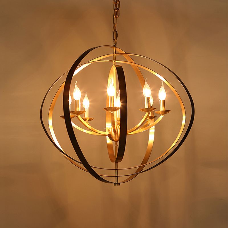 8 Lights Pendant Light Classic Candle Metal Hanging Chandelier in Gold for Living Room with Ring
