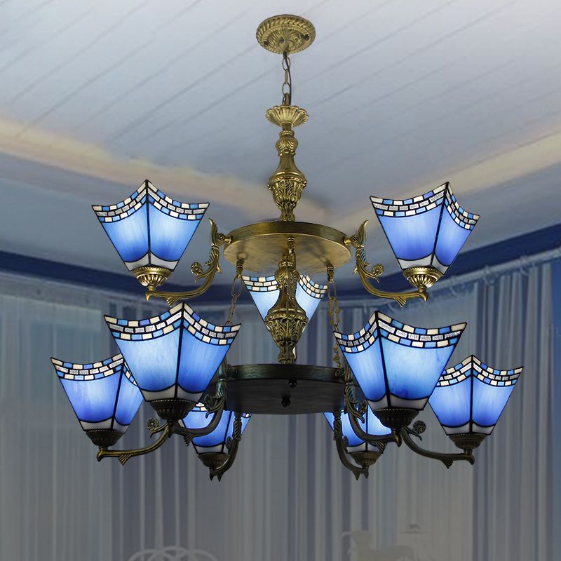 Lampada a ciondolo piramide nautica 2 livelli blu vetro 9 lampadario luci con catena di metallo in blu