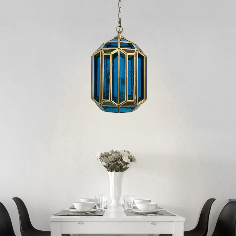 Blue Glass Lantern Ceiling Lamp Vintage 1-Light Bedroom Hanging Pendant Light with Open Bottom