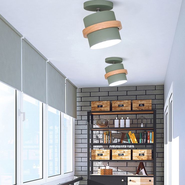 Modern Artistic Ceiling Light Wooden Geometric Semi Flush Mount with Wrought Iron Shade