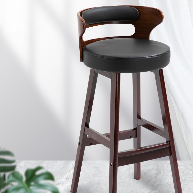 Scandinavian Wood Round Seat Stool Faux Leather Low Back Upholstered Counter Stool