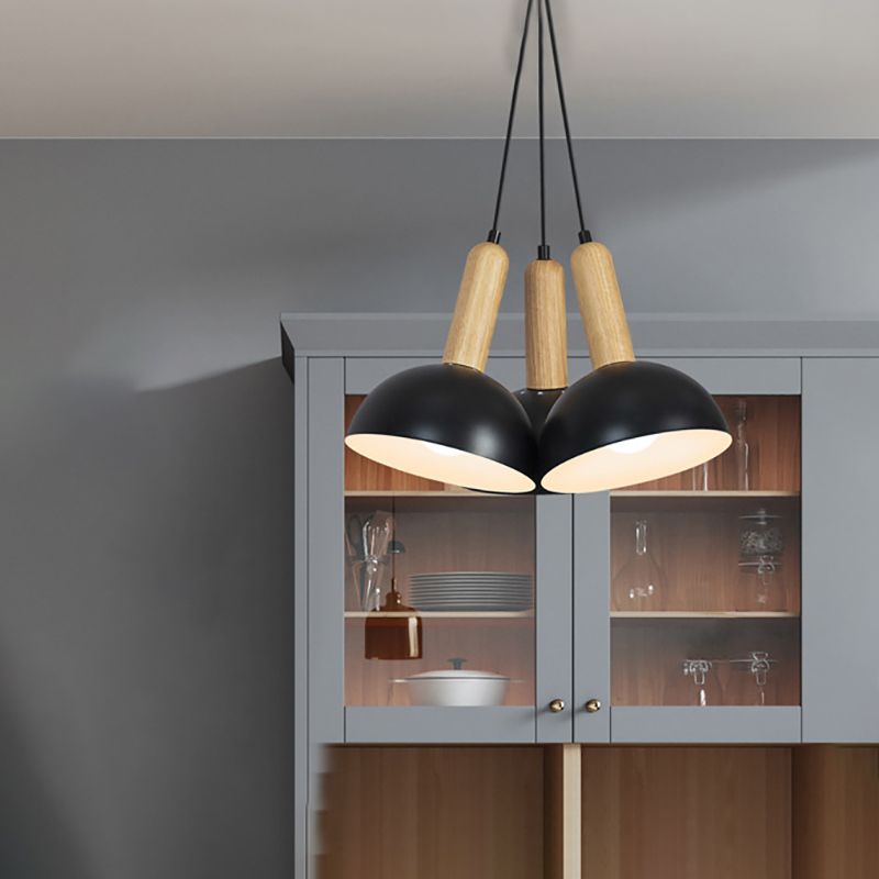 Metal Domed Hanging Chandelier Industrial 3-Light Dining Room Pendant Light with Wood