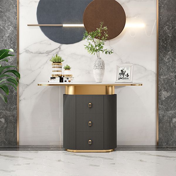 Glam Oval Accent Table Marble Sofa Console Table with Drawer for Hall