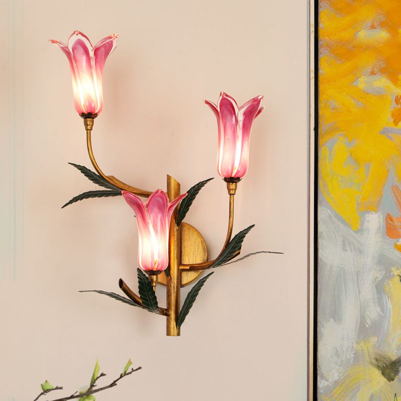 3-Light Wall Lighting Retro Stylish Gradient Pink/Red Glass Tulip Sconce Ideas for Living Room