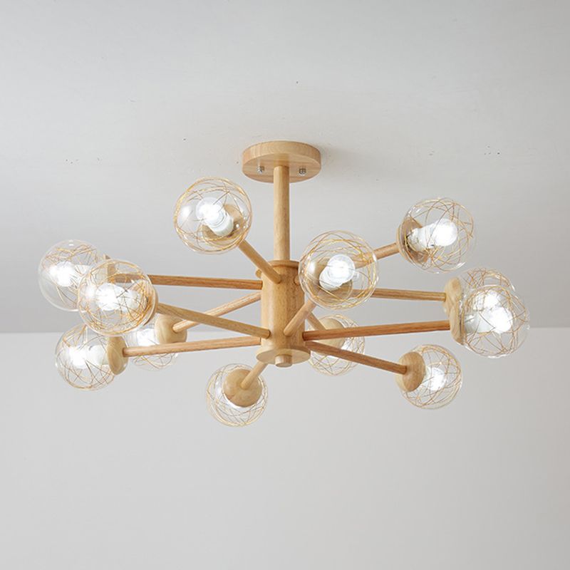 Creative Simple Style Wooden Chandelier Ceiling Hanging Light with Glass Shade
