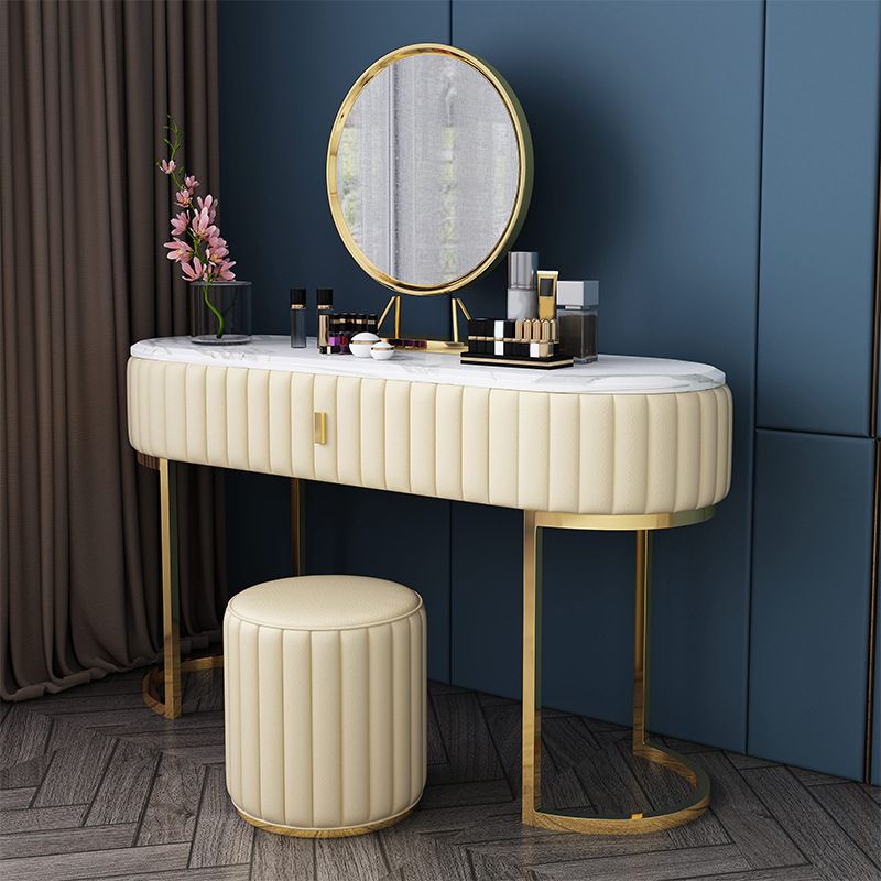 Stone Top Oval Vanity Table Mirrored Metal Makeup Dressing Table