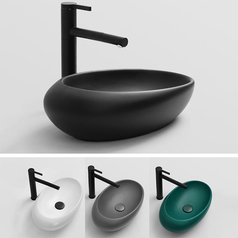 Modern Bathroom Sink Porcelain Oval with Pop-Up Drain and Faucet Vessel Lavatory Sink