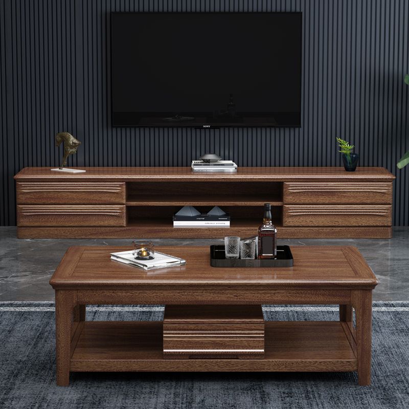 Solid Wood Coffee Table with Storage Drawers and 4 Legs Brown