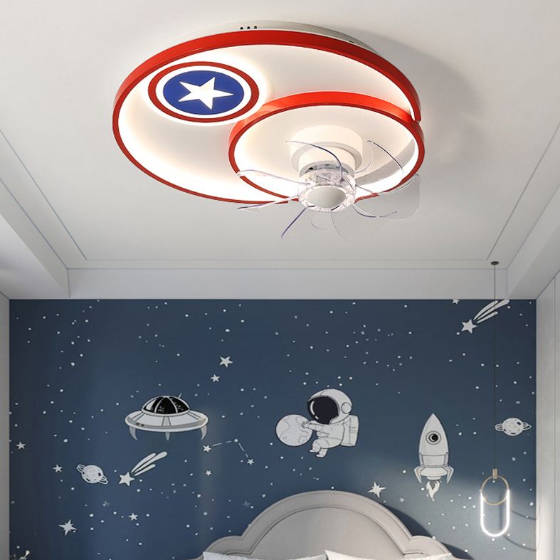 Cartoon Disc Shaped Flush Mount Fan Lamp Metal Boys Room LED Semi Flush Light