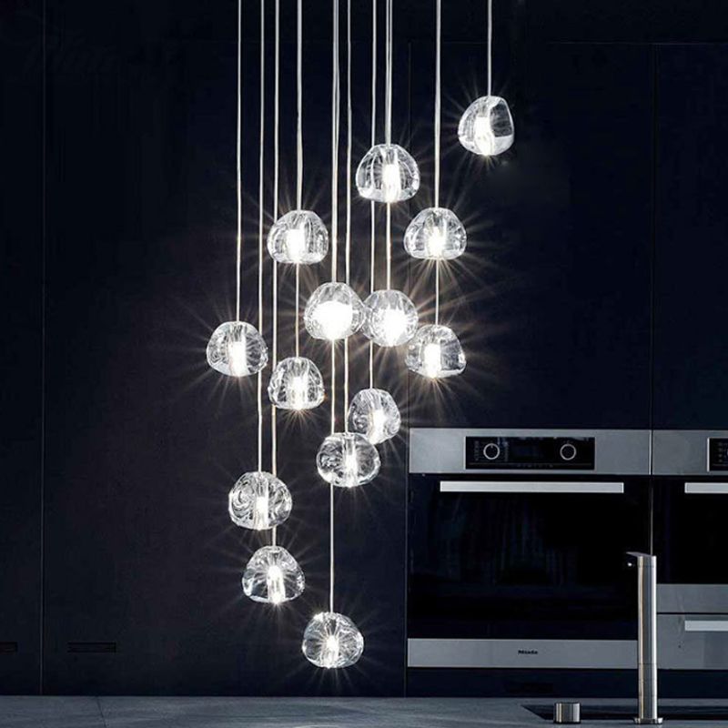 Silver 14 Bulbs LED Ceiling Light Modernism Clear Concave Glass Meteor Shower Cluster Pendant Lamp