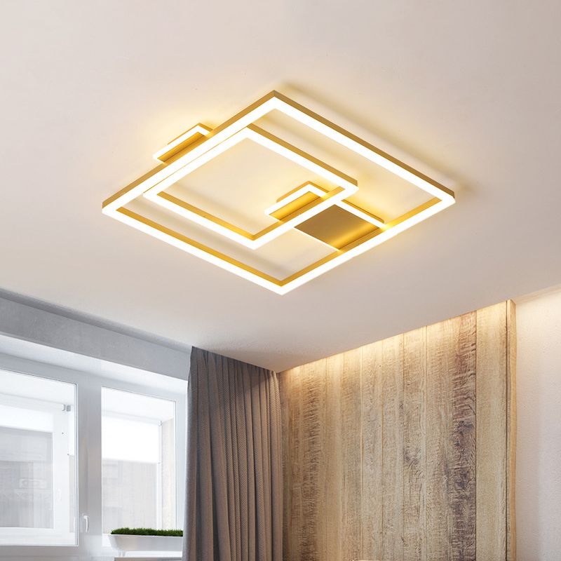 16"/19.5" W LED Bedroom Flush Ceiling Light Simple Gold Flush Mount Lamp with Square Figure Metal Shade in White/Warm Light