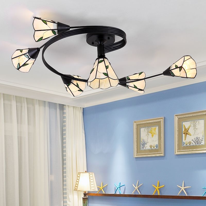 4/6 Heads Curved Semi Flush Light Tiffany Style Stained Glass Bedroom Semi Flushmount in White