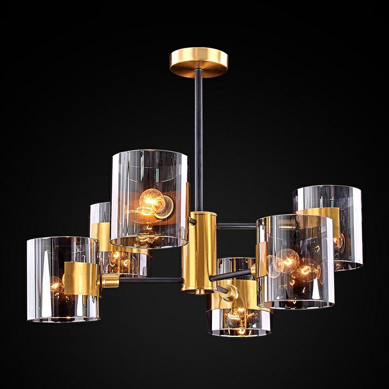 Smoke Grey Glass Cylinder Chandelier Minimalistic Black-Brass Ceiling Pendant Light for Dining Room