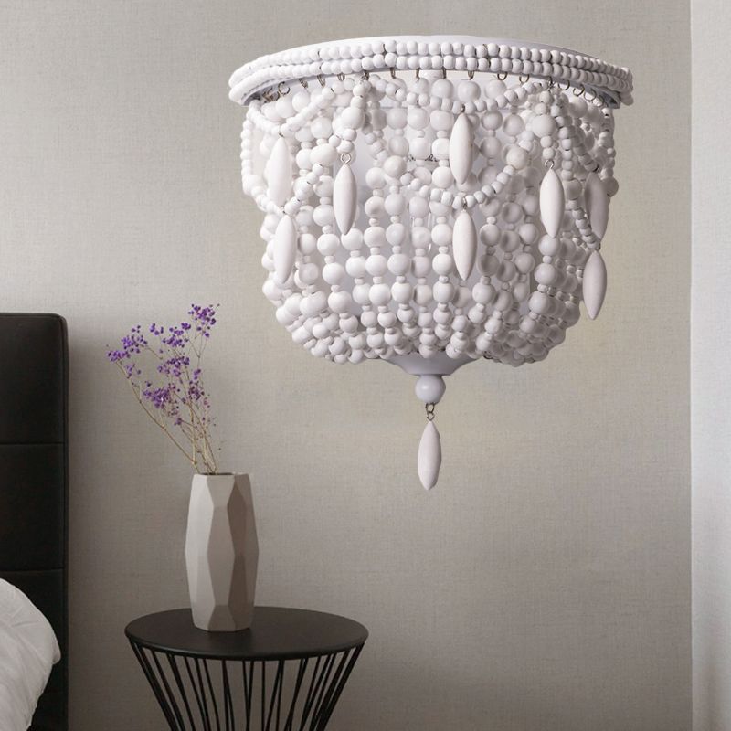 1 Light Bedroom Wall Mount Lighting Traditional White Sconce Light Fixture with Basket Wood Shade