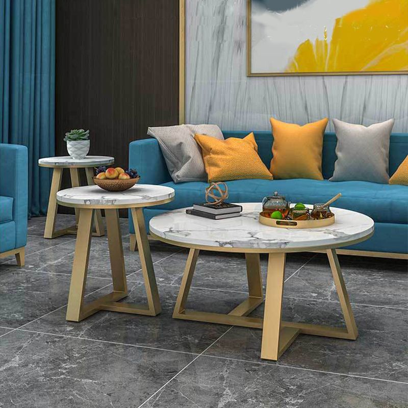 Modern Round Marble Coffee Table Metal Cross Legs Coffee Table