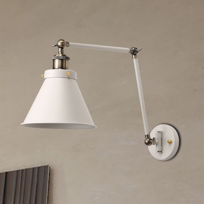Accesorio de iluminación de la pared de cono metal de estilo industrial 1 bombilla 1 pluminista de pared negro/blanco con brazo oscilante para dormitorio