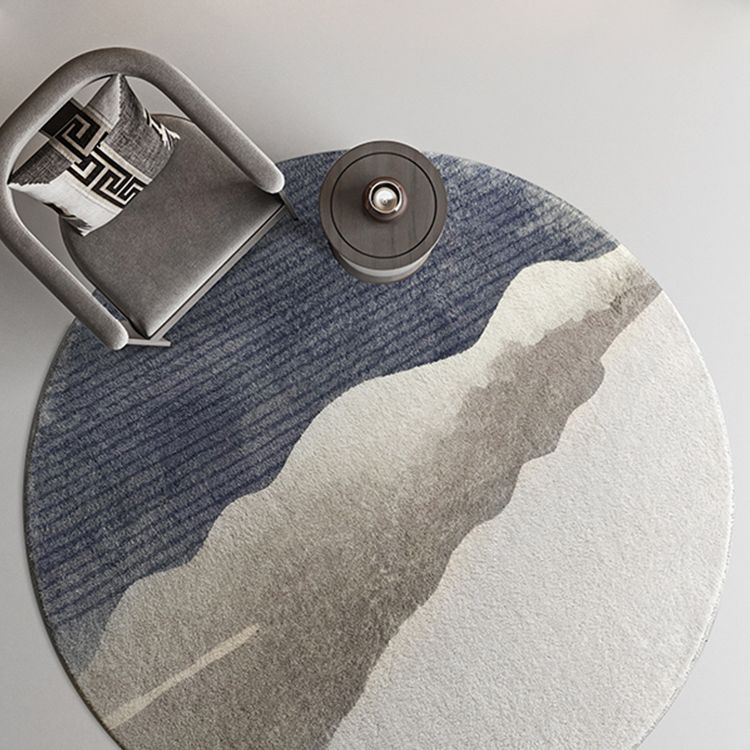 Round Grey Tone Shabby Chic Rug Polyester Carpet Ink Landscape Print Indoor Rug Non-Slip Backing for Living Room