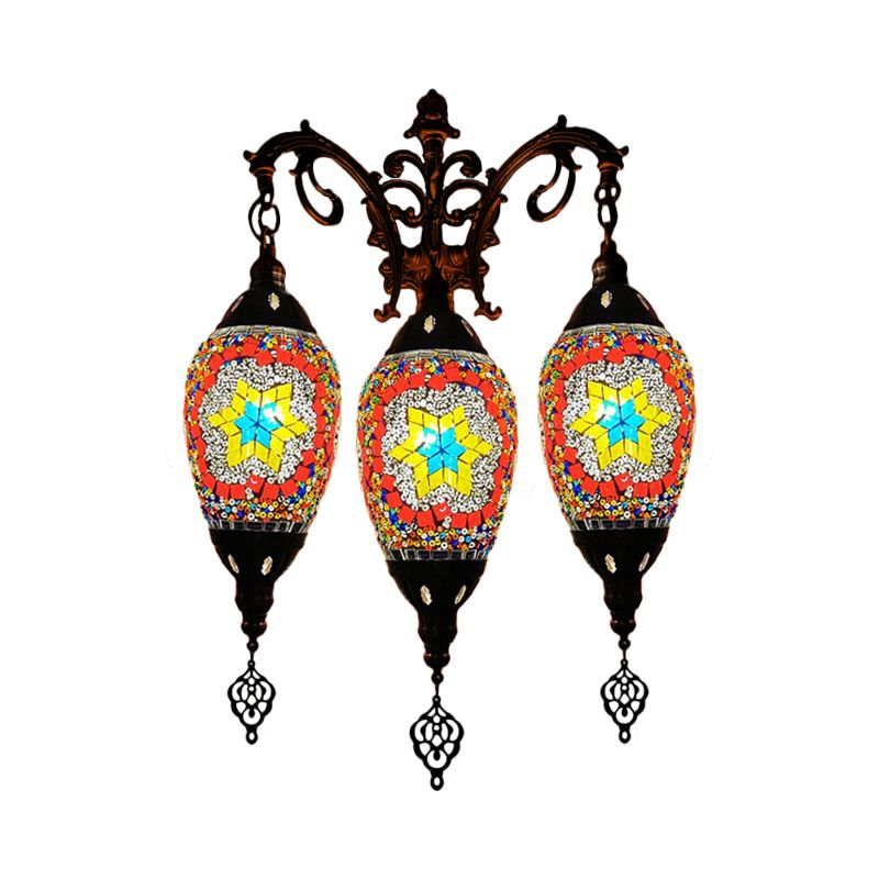 Traditional Oval Wall Mounted Lamp 3 Heads Stained Art Glass Sconce Light in White/Red/Light Blue