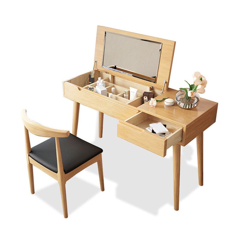 Rubberwood Dressing Table Set with Stool 1-Drawer Wood Vanity Table
