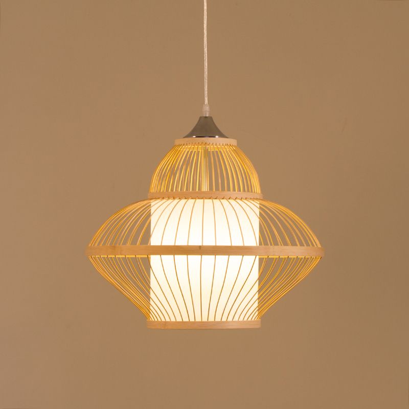 Curvy Pendant Lighting Japanese Bamboo 14"/17" Wide 1 Bulb Wood Ceiling Hanging Light
