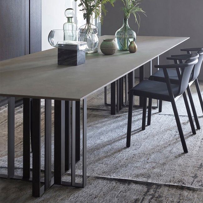 Sintered Stone Modern Dining Table Gray Rectangle Table with Double Pedestal for Home
