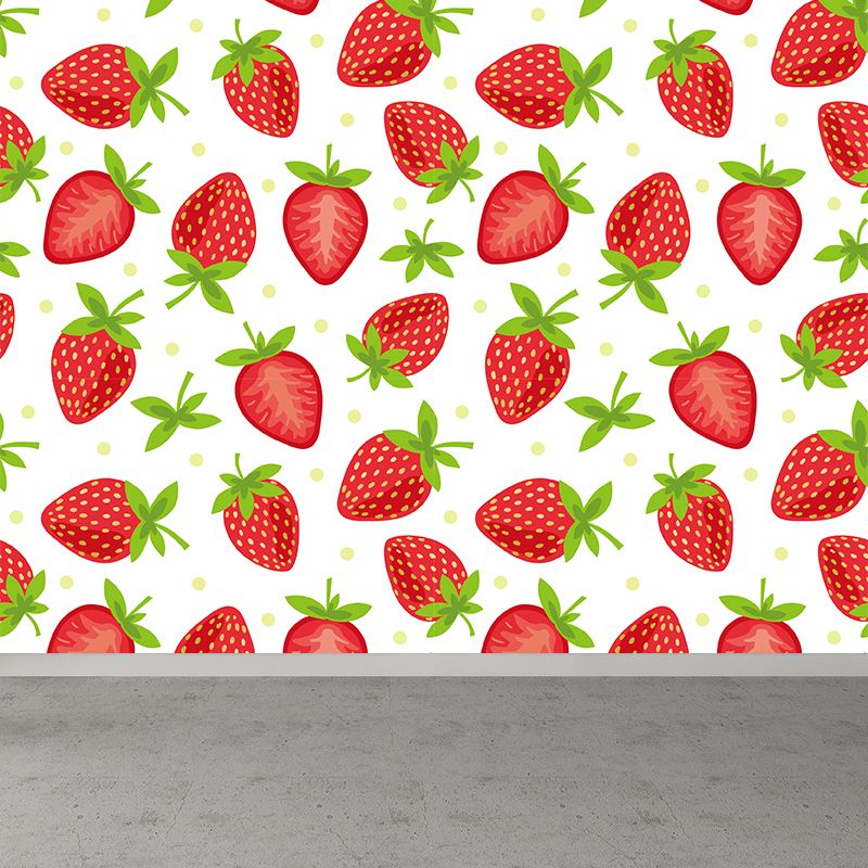 Large Ripe Strawberries Mural Wallpaper Modern Fresh Fruits Wall Covering in Red