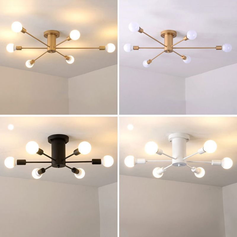 Industrial Vintage Sputnik Ceiling Light Wrought Iron Bare Bulb Semi Flush Mount for Living Room