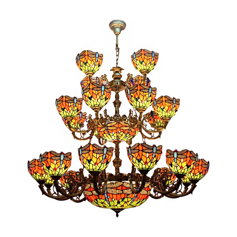 Iluminación de lámpara de lámpara de libélulas de 32 luces Tiffany vidrieras de 3 niveles luz colgante