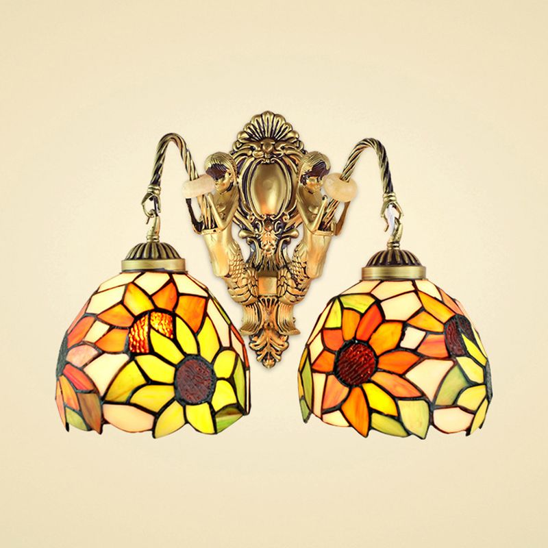 Tiffany Sunflower Wall Mount Light Yellow Glass 2 Lights Bathroom Vanity Sconce Light