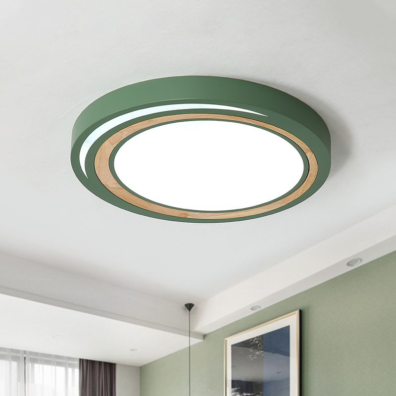 Kids Drum Ceiling Lighting Acrylic Led Bedroom Flush Mount Fixture in White/Pink/Green with Wood Ring