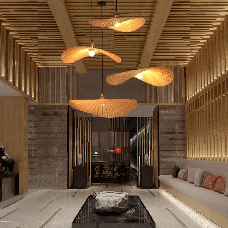 1-Light Beige Bamboo Suspended Lighting Fixture Japanese Pendant Light Kit