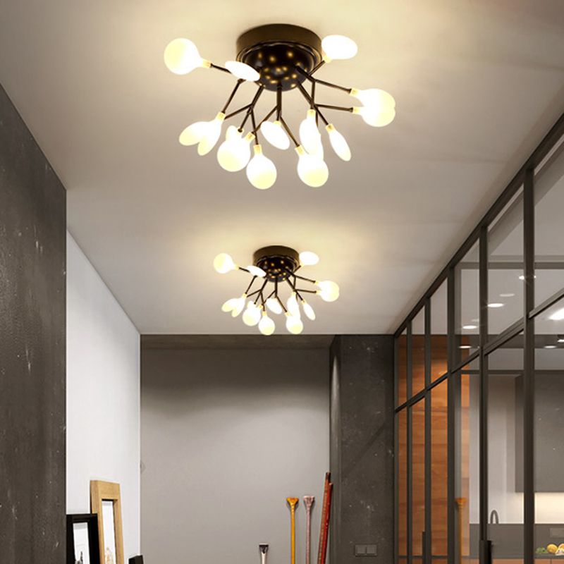 Simplistic Tree Branch LED Semi Flush Mount Metallic Living Room Close To Ceiling Chandelier in Black