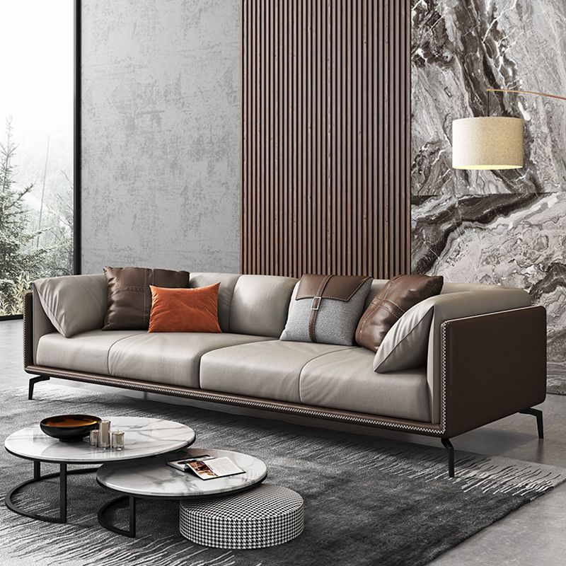 Pillow Top Arm Sofa Modern Leather Sofa with Pillows in Gray and Brown