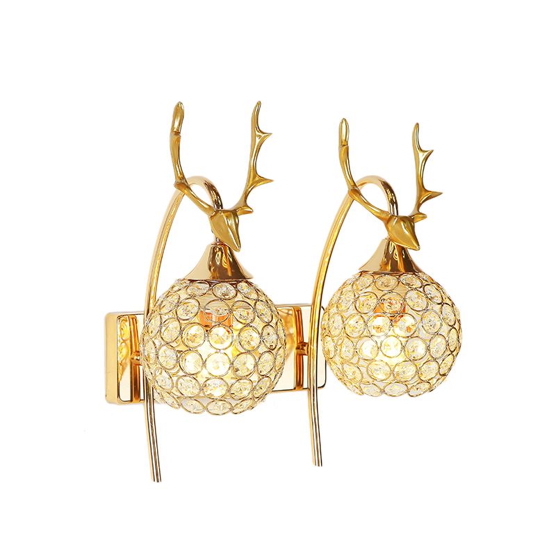 Metalen herten hoofdwand SCONCE LODE STYLE 1/2-BULB wandmontage Licht met kristalkoepelschaduw in chroom/goud