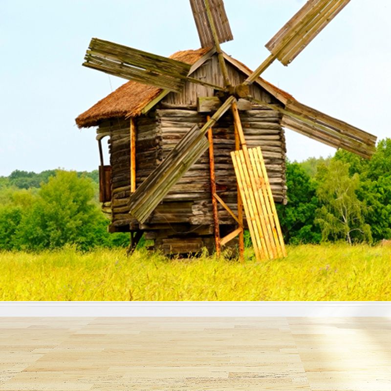 Huge Autumn Windmill Mural for Bedroom Landscape Wall Art in Soft Color, Stain Resistant