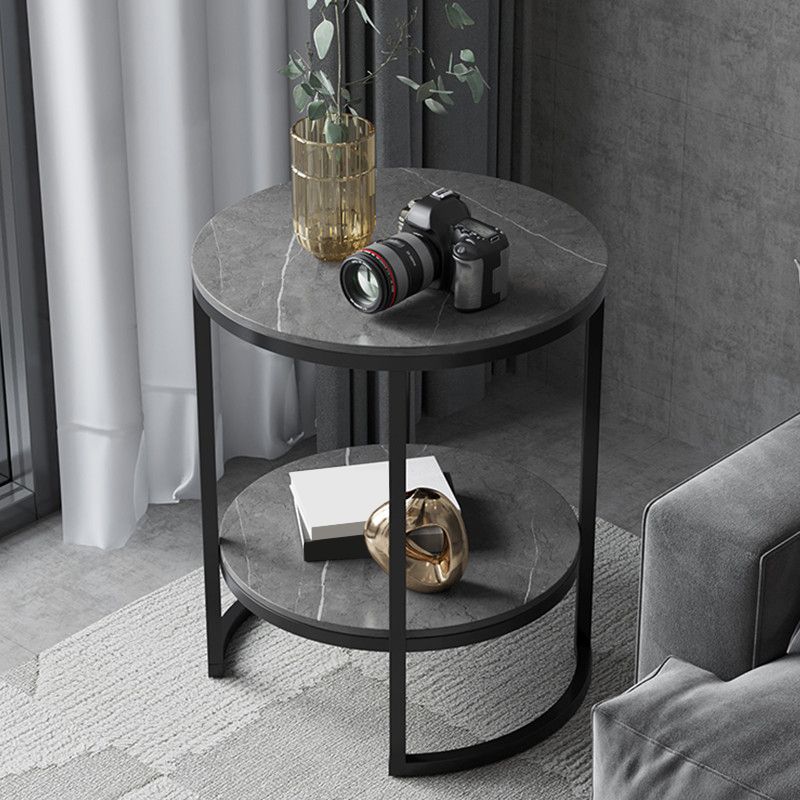 Metal Frame Side End Table Round Stone Top Side Table with Shelf